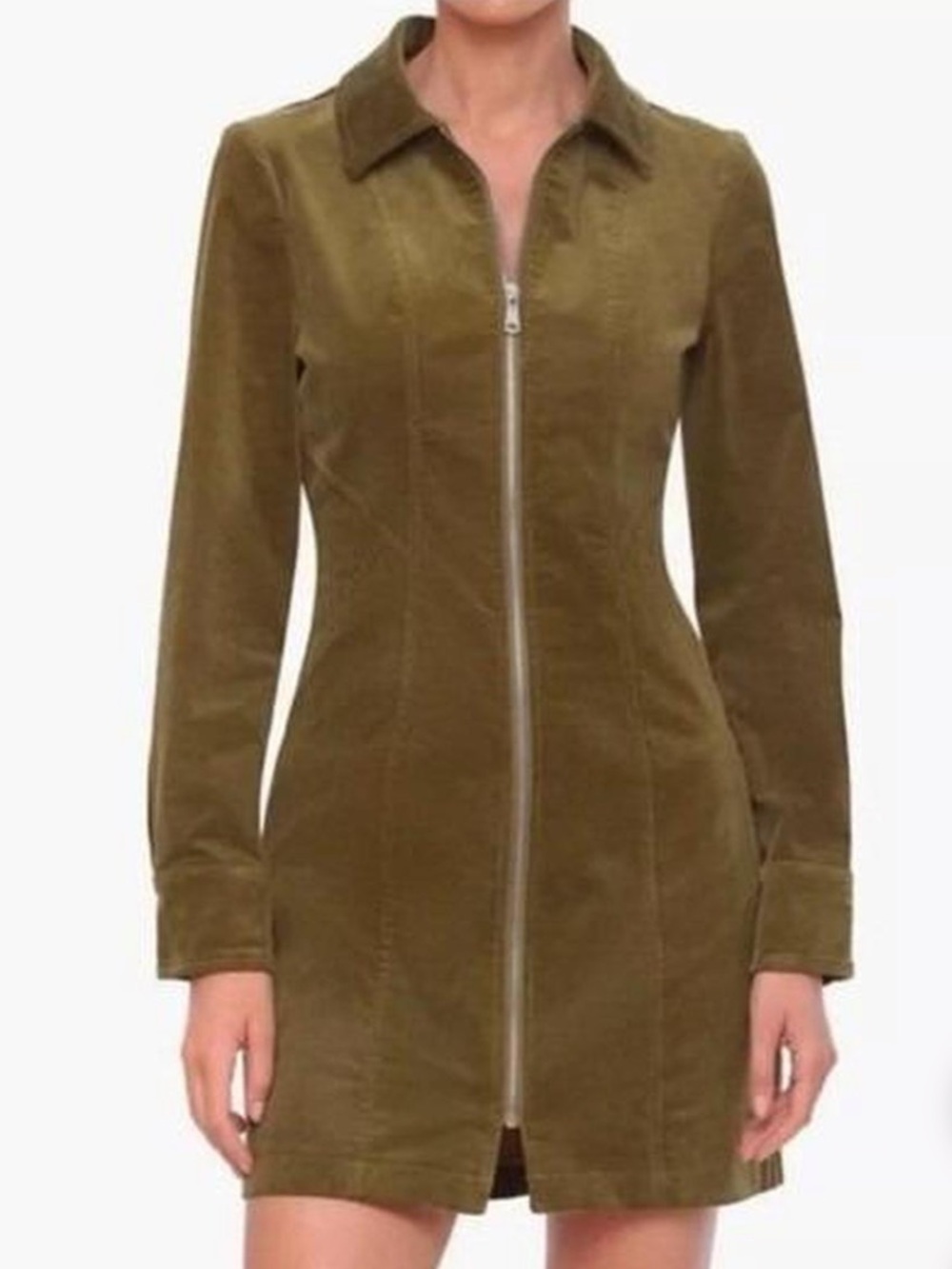 NWT 7 For All Mankind Corduroy Zip Front Shirtdress Olive Green Long Sleeve 6